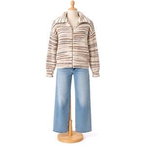 LOFT  Striped Chunky Knit Zip Up Cardigan Sweater Jacket Women's M